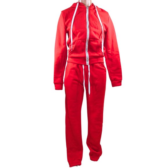 Red Sweatsuit sz XS NWOT Zip Front Hoodie Jogger Sweatpants White Trim - Picture 2 of 9